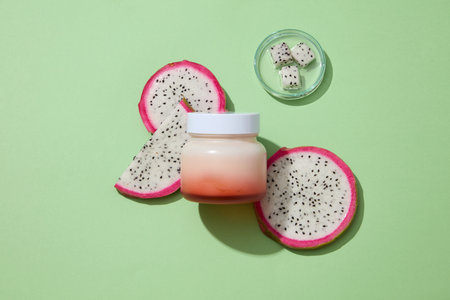 Cosmetic jar without label decorated with round-shaped slices of dragon fruit over light background. Dragon fruit (Hylocereus) is a tropical fruit that is nutrient-richの写真素材