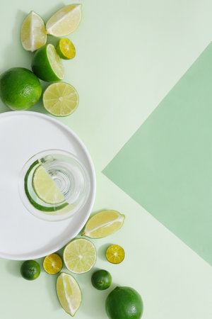 A lot of kumquat and lime cut in slices are displayed. Vacant space for organic product advertising. Lime and Kumquat help regulate blood sugarの写真素材