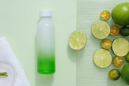 Unlabeled bottle in gradient green color displayed with many kumquat and lime round slices. White towel with a petri dish placed on. Template for branding mockupの写真素材