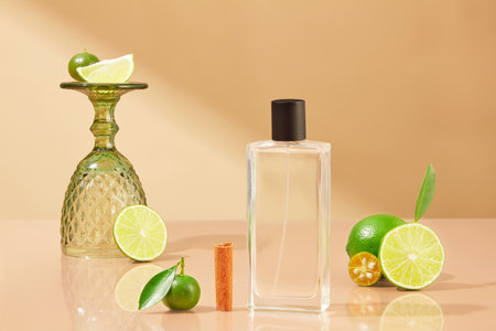 Transparent bottle without label arranged with a half of cinnamon, kumquat and lime cut in slices....