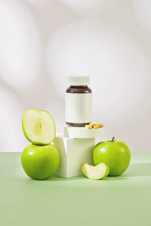 A stack of podiums with a medicine bottle placed on top and a handful of capsules. Green Apple (Malus domestica) benefits are gaining attention slowlyの写真素材