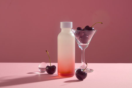 Cherries are contained inside a cocktail glass. Empty label bottle in gradient red color for branding mockup. Cherry can help slow down the aging processの写真素材