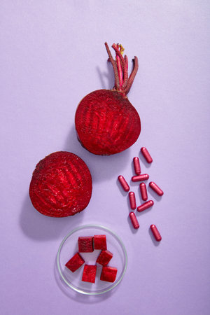 Two halves of beetroot decorated with few pills and a petri dish of beetroot cut in cubes. Beetroot (Beta vulgaris) can promote a healthy pregnancyの写真素材