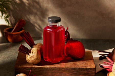 An empty label bottle containing beetroot juice standing on a wooden podium with a half of beetroot....