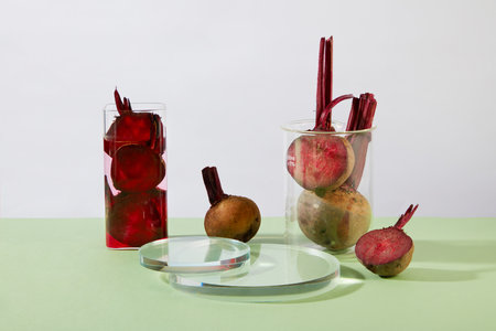 Some glassware containing beetroot slices with juice are displayed with transparent podiums....