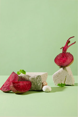 Beetroot cut in half are decorated with rock. Rock podium with blank space for cosmetic product...