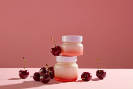 Unbranded jar is stacked on another jar against pink background, displayed with fresh cherries. Vitamin A in cherries help to keep hair and scalp hydratedの写真素材
