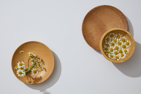 Wooden dishes and bowl are decorated over white background. Blank space in the middle to show cosmetic product extracted from Chamomilla (Matricaria chamomilla)の写真素材