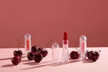 Three lipstick in different colors decorated with cherries on pink background. Cherries have a rich content of antioxidantsの写真素材
