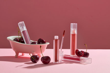 Several lipsticks are arranged with cherries and a bathtub over pink background. Cherries are a good source of vitamins A, B, C and Eの写真素材