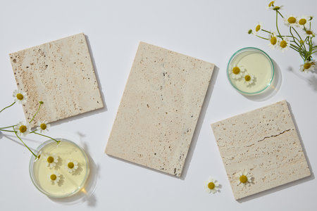 Few square and rectangle stone podiums displayed with petri dishes of Chamomilla flowers and yellow fluid. Stage showcase on minimal podium displayの写真素材