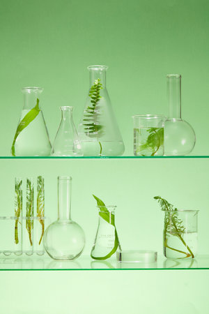 Laboratory glassware containing several types of seaweed. Transparent podium for product presentation. Edible seaweed is a staple in many Asian dietsの写真素材