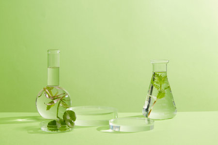 Glass petri dish of centella leaves and two flasks of seaweed decorated with round podiums. Seaweed skincare products can help reduce the appearance of fine linesの写真素材