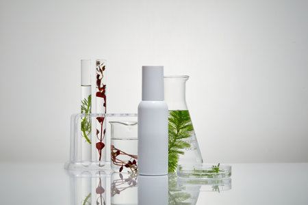Concept of laboratory tests with types of glassware and a white bottle arranged on the table. Seaweed increasing hydration and transepidermal water lossの写真素材