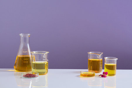 Laboratory concept with a conical flask, some beakers and glass petri dishes filled with liquid. Purple background. Saffron may have cancer-fighting propertiesの写真素材