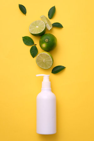 An unbranded pump bottle dispenser with lime cut in halves placed above. Yellow background. Skin care mockup concept of Lime (Citrus aurantiifolia) extractの写真素材