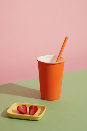Orange plastic cup with straw and strawberry on green and pink background.の写真素材