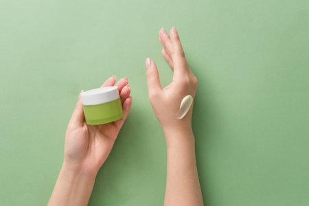 On a green background, hands of female holding a green cream jar unbranded for design and a smear of...