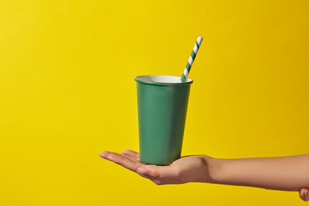 A green disposable paper cup with a paper straw placed in a woman's hand on a yellow background. Minimal scene for advertising and branding drinking product. Copy spaceの写真素材
