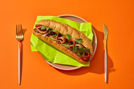 Top view of Vietnamese bread with ham, rolls and pate placed on a green paper on round dishes. Golden knife and fork decorated on a orange background. Advertising scene, fast food for breakfastの写真素材
