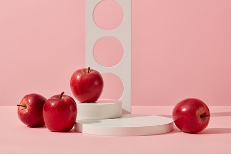 Scene for a product advertisement with a simple concept: White podiums and geometric object decorated on a pink background with some red apples. Blank space to place your product. Front view.の写真素材