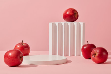 Some red apples displayed on a pink background with cylinder white podiums. Abstract background with minimalist style for product brand presentation. Advertising cosmetic from apple ingredientの写真素材