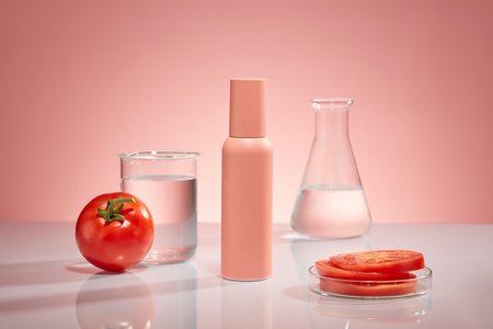 A pink bottle unbranded display on a pink background with lab glassware. Tomato slices in petri dish, beaker and erlenmeyer flask containing transparent liquid. Space for design. Laboratory conceptの写真素材