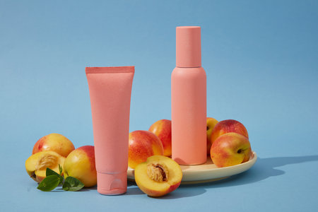 Mockup scene for advertising set of cosmetic for skin care with peach (prunus persica) ingredient. Pink plastic tube and bottle with fresh ripe peaches decorated on blue background. Space for designの写真素材
