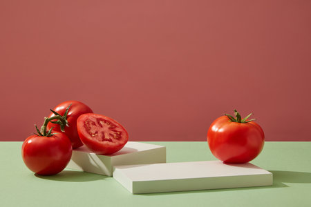 Cylinder white podiums decorated with ripe fresh tomatoes on pink background. Minimal empty display product presentation scene. Summer fruit concept.の写真素材