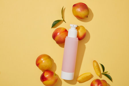 Top view of pink bottle unbranded decorated with fresh ripe peaches and green leaves on yellow background. Product design cosmetics template, mock up for cleanser or lotion with peach extractの写真素材