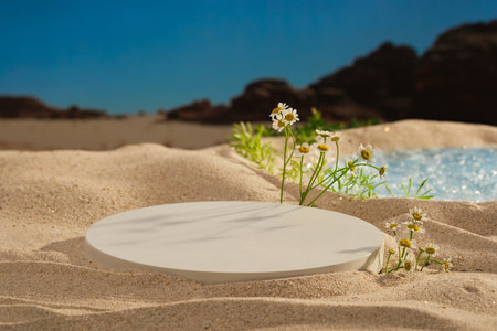 Natural background with a round white podium placed on beige sand background. Feverfew around and behind a small lake. Space for display cosmetic product, advertising photoの写真素材