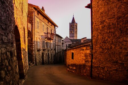 Streets of old town at sunset. Golden hour.