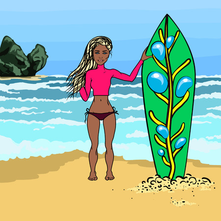 The girl in the summer on the beach. Surf. Cartoon surfer girl. Catch the waveのイラスト素材