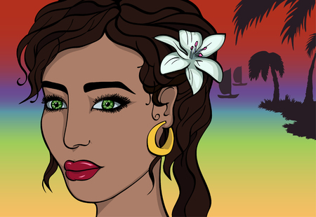 Cartoon Asian Girl on Sunset Beach. Flower in Hair. Tropicalのイラスト素材