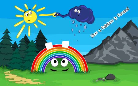 How a rainbow is formed. Rainbow. Cloud and Sun. Forest, mountains and a rainbow. Cartoon rainbowのイラスト素材
