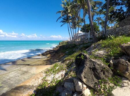 Beautiful view of the ocean. Waves, palm trees, flowers and white sand. Atlantic coast of Cuba. Varaderoの写真素材