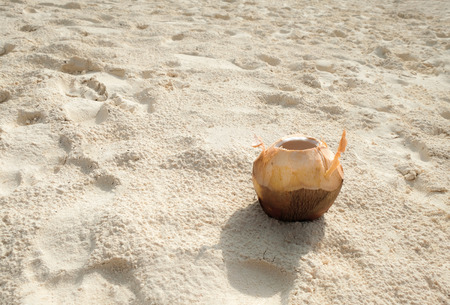 Opened coconut on white sand on the beachの写真素材