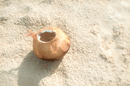 Opened coconut on white sand on the beachの写真素材