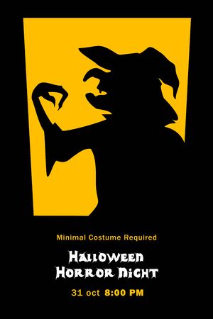Silhouette of evil witch grimalkin hag in window halloween horror night poster Vector illustrationのイラスト素材