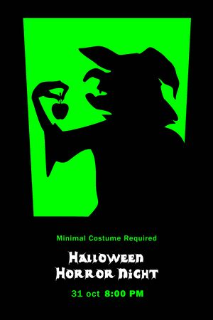 Silhouette of evil witch grimalkin with apple in window halloween horror night poster Vector illustrationのイラスト素材