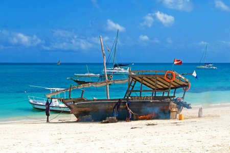 Kendwa, Zanzibar - July 12, 2018: Ship repair on the beachのeditorial素材