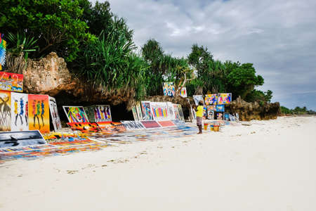 Zanzibar, Tanzania - July 13, 2018: Picture gallery on the beautiful Kendwa beachのeditorial素材