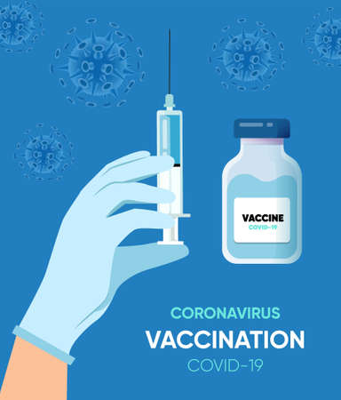 Vacctination banner. Hand holding syringe with vaccine for coronavirus. Virus protection concept. Modern Vector illustration. Sars disease or Covid-19 vaccination with vaccine syringe.のイラスト素材