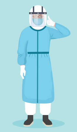 Doctor wearing protective suit and showing thumbs up Vector Illustration. Doctor with face shield and full body protective suit to fight coronavirus pandemic. Medical staff with Personal Protective Eqのイラスト素材
