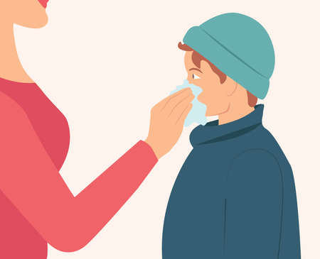 Mom wipes her son's nose with a napkin isolated flat vector illustration. Boy get sick sneezing from flu and mother helping her son. Women use tissue to clean her son's nose while boy sneezingのイラスト素材