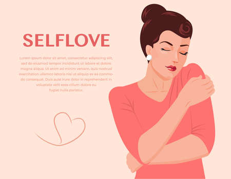 Cute girl holding hugging herself. Self care, body positive concept. Happy woman hugging herself. Positive lady expressing self love and care. Vector illustration for love yourself. Love your bodyのイラスト素材