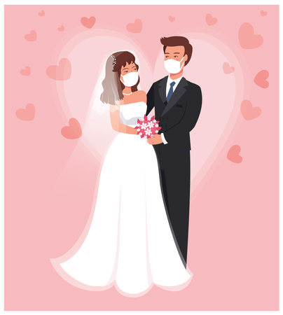 Wedding quarantine Groom and bride wearing protective face mask on wedding day. Flat vector illustration. vector wedding Couple Wearing Mask During Corona Pandemic. Coronavirus Protection New normalのイラスト素材
