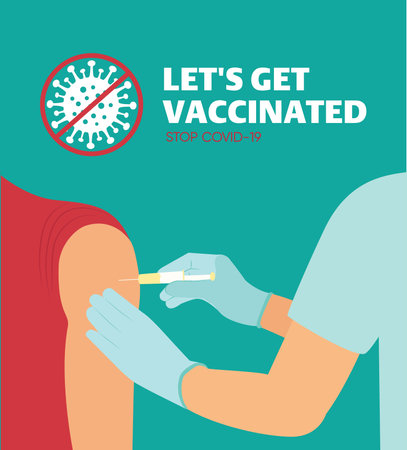 Covid-19 Vacctination Banner. Hand of medical staff injecting Covid-19 vaccine in syringe to arm muscle. Let's get vaccinated. Let's Stop Covid-19. Promotion. Encouragement. Vector Illustrationのイラスト素材