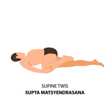 Man practicing yoga pose isolated Vector Illustration. Man lying on the ground in supine twist or supta mtsyendrasana pose, Yoga Asana iconのイラスト素材