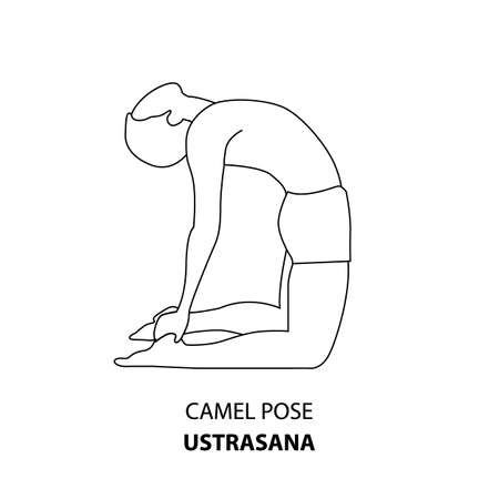 Man practicing yoga pose isolated outline Illustration. Man standing inCamel Pose or Ustrasana pose, Yoga Asana line iconのイラスト素材